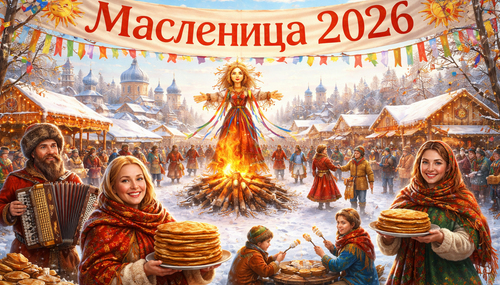 Баннер Масленица 2026 над зимней ярмаркой: горит чучело на костре, женщины несут стопки блинов, играет аккордеон